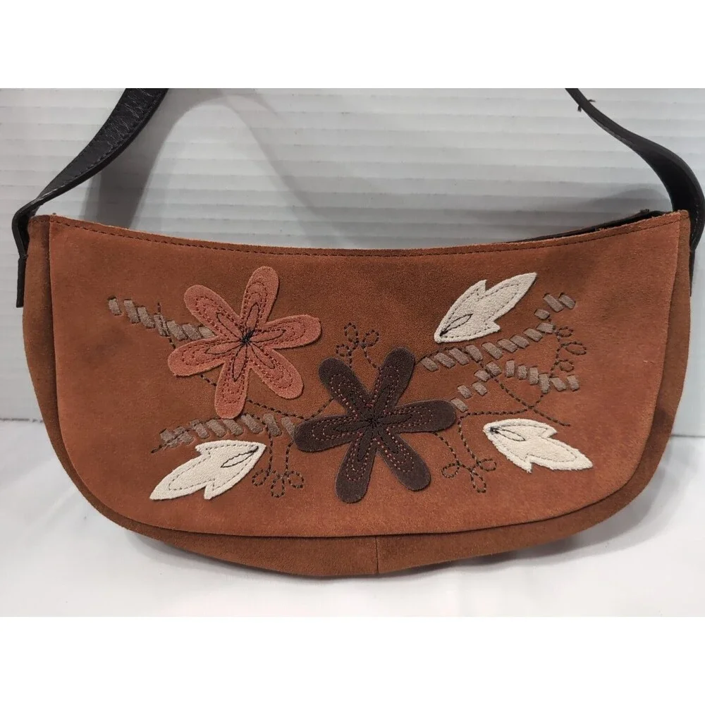 Suede mini hobo handbag floral leaf design Coin Pouch VINTAGE CUTE